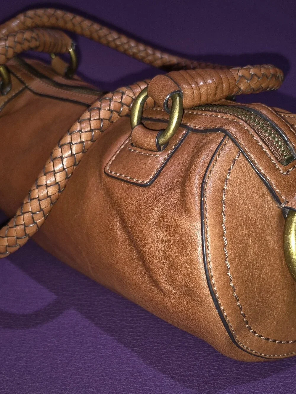 🔥Mint! Cole Haan Cognac Premium Leather Barrel Bag Braided Straps Brass Rings